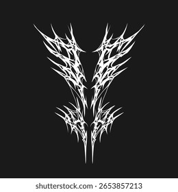design de vetor tribal simétrico em branco sobre preto, com elementos agressivos de linha farpada. Ideal para tatuagens, impressões de vestuário ou arte gótica digital.