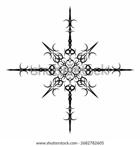 Symmetrical tribal vector star or cross with sharp ornamental spikes, neo tribal blackwork style. Perfect for tattoo design, t-shirt print, stickers, or gothic decoration