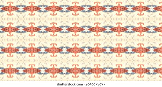 Symmetrical tribal-inspired pattern with coral red and navy blue tones. Features mirrored animal-like abstract shapes, ideal for creative backgrounds.