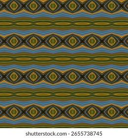 Patrón de estilo tribal simétrico con tonos verde oliva, dorado y azul. Ambiente textil terroso perfecto para el diseño étnico o el Fondo de pantalla. Tribal, geométrico, patrón, terroso, simetría.