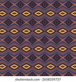 Patrón de estilo tribal simétrico con diamantes naranjas y amarillos vívidos sobre fondo oscuro, perfecto para estampados étnicos, textiles atrevidos o diseño cultural.
