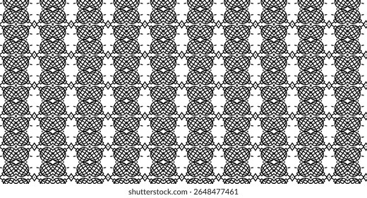 Symmetrical twin-weave pattern with diamond and interlocking curves. A bold black and white design perfect for stylish modern backgrounds.