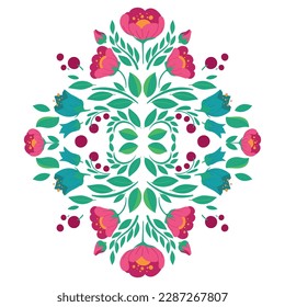 Symmetrical vector floral ornament. Folk art decoration with meadow and garden flowers and berries. Traditional rustic floral pattern