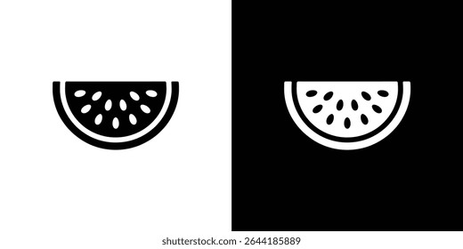 Symmetrical vector graphic depicting watermelon slices, one black on white and the other white on black. Clear delineation, minimal design on contrasting backdrop.