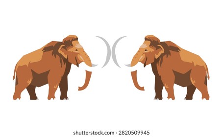 Symmetrical vector graphic of two prehistoric brown woolly mammoths facing each other with crossed tusks.