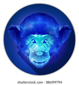 Symmetrical vector icon of a chimpanzee monkey. Made in low poly triangular style. Sapphire gemstone imitation.