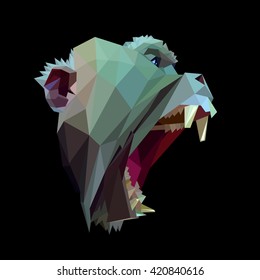 Symmetrical vector icon of macaque with open jaws. Made in low poly triangular style.