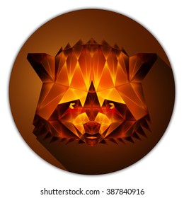Symmetrical vector icon of a raccoon. Made in low poly triangular style. Amber gemstone imitation.