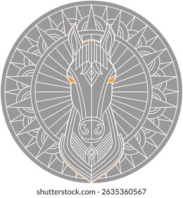 symmetrical vector illustration of a horse head designed in a geometric style with subtle orange accent, set against a decorative mandala backdrop. Perfect for creative projects, branding, or decor 