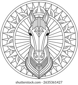 symmetrical vector illustration of a horse head designed in a geometric style set against a decorative mandala backdrop. Perfect for adult coloring pages, mindfulness activities