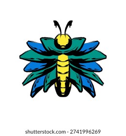 ​A symmetrical vector illustration of a stylized insect or beetle-like creature. The design features a yellow segmented body and head with two antennae, surrounded by multiple layers of sharp, petal-like wings in teal and blue hues. With its bold black outlines and modern graphic style, this artwork is perfect for e-sports logos, gaming team mascots, branding, or creative icons.