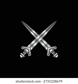 Una Ilustración vectorial simétrica de dos espadas plateadas metálicas que se cruzan entre sí, diseñadas con un acabado cromado de alto brillo sobre un fondo negro sólido.