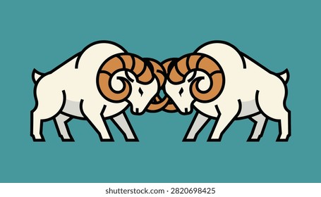Symmetrical vector illustration of two powerful mountain rams clashing head to head with their large spiral horns.