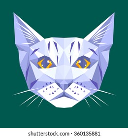 Symmetrical vector illustration of white cat with dark green background. Made in low poly triangular style.