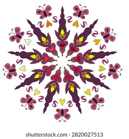 Symmetrical vector mandala illustration featuring outer pink butterflies, small yellow and orange hearts, wavy purple S-shapes, and stylized dark purple figures radiating from a center of small hearts, isolated on a transparent background