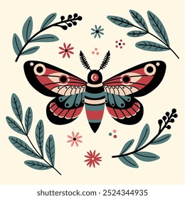 Symmetrical Vector Moth with Botanical Elements in Teal, Red, and Pink