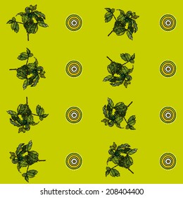 Symmetrical vector pattern with coffee tree and decorative elements. Seamless abstract vegetable pattern for background and wallpaper