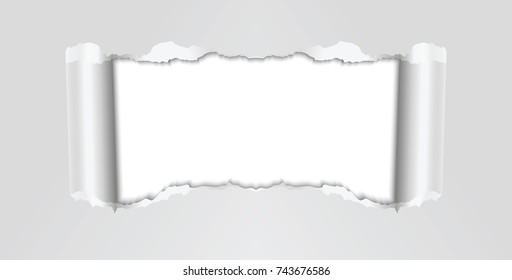 Symmetrical vector torn paper hole with white background.