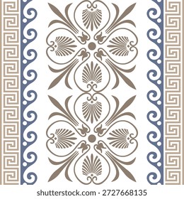Diseño de borde de Vertical simétrica que mezcla estilos griegos. Presenta un motivo central de concha de acanto dorado flanqueado por rollos de olas azules y bordes de meandro dorado. Típicos motivos egipcios, asirios y griegos.