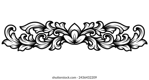 Symmetrical vintage baroque ornament vector illustration on transparent background. Floral engraved scroll Retro decorative design tattoo black and white filigree calligraphic heraldic shield swirl.