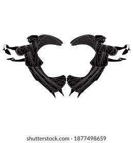 Symmetrical vintage decor with two flying winged ancient Greek goddesses holding vessel and cup. Black and white silhouette.