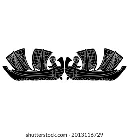 Symmetrical vintage design with two ancient Greek or Roman ship vessels. Horizontal frame with two antique sailing boats. Black and white negative silhouette.