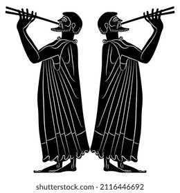 Symmetrical vintage design with two ancient Greek men playing flute. Black and white negative silhouette.