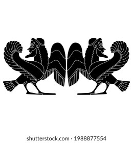 Symmetrical vintage design with two funny bearded male birds. Ancient Greek mythology. Fantastic Siren man. Vase painting style. Black and white negative silhouette.