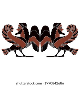 Symmetrical vintage design with two funny bearded male birds. Ancient Greek mythology. Fantastic Siren man. Vase painting style.