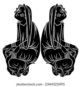 Symmetrical vintage design with two sitting medieval women. Black and white negative silhouette.