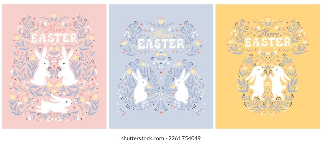 Symmetrical vintage Easter cards set with white bunnies in folk style with fantastic flowers. Cartoon cute animal characters in hand-drawn doodle style. Limited monochrome pastel palette. Vector