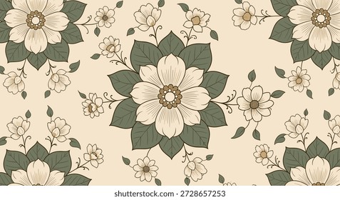 Symmetrical vintage floral pattern featuring large central blossoms and smaller flowers in a muted color palette of cream, green, and gold.