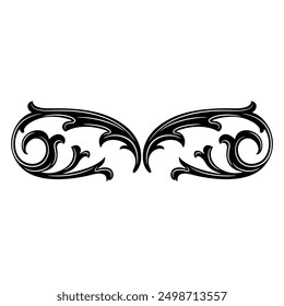 Symmetrical vintage frame. Medieval or baroque motif. Stylized curved shape leaf. Black and white silhouette.