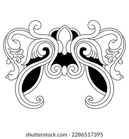 Symmetrical vintage ornament. Medieval Icelandic vignette from illuminated manuscript. Black and white silhouette.