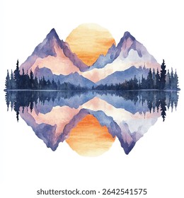 A symmetrical watercolor painting depicting mountains, trees, and a sunset reflected in a lake. The color palette is soft and warm.