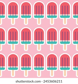 Symmetrical watermelon ice cream popsicles forming a seamless pattern on a pink background. The design features a mix of red and magenta colors