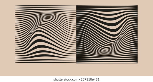 A symmetrical, wavy black-and-white pattern on a beige background, creating an optical illusion of depth and movement. Bauhaus composition.