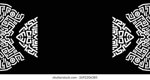 symmetrical white abstract patterns forming vertical borders on the left and right sides of a black canvas