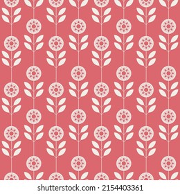 Flores blancas simétricas y hojas vectoriales sin fisuras sobre fondo rojo. Papel de pared de adorno gráfico floral. Resumen de fondo geométrico. Plantilla para impresión, diseño, banner o tarjeta.