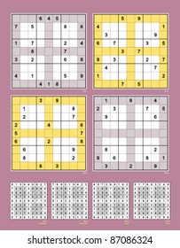 Symmetrical Window Sudoku. Reflective. Vector set n.39. Moderate and hard. 24, 22, 20, 18 clues.