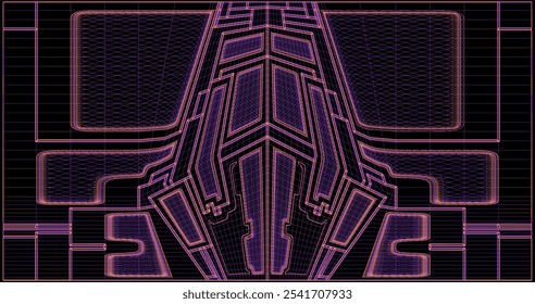 Symmetrical, wireframe image of a spaceship or airplane on a grid background with neon purple lines creating a digital cyberpunk aesthetic. Vector illustration.