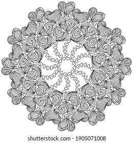 Symmetrical zen mandala with curled hearts, anti stress coloring page for Valentine's day vector illustration