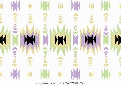symmetrical zigzag and geometric forms in soft pastel tones—light green, lavender, and yellow—contrasted with black. The horizontal alignment is interspersed with layered semicircular arcs