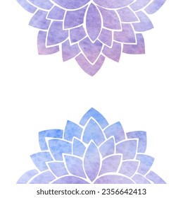 Elementos decorativos dispuestos simétricamente - siluetas de flores estilizadas púrpura y azul, mandala de patrón oriental étnico con textura de acuarela