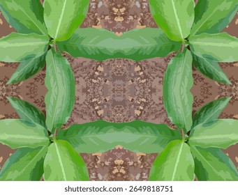 Um padrão simetricamente projetado com folhas verdes brilhantes contrastadas com um fundo texturizado, em tons de terra. Os motivos de folhas repetidas criam uma composição equilibrada e visualmente atraente