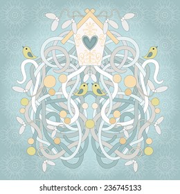 Symmetrically element for design with branches, mistletoe, birdhouse, birds and snow. Beautiful winter background.