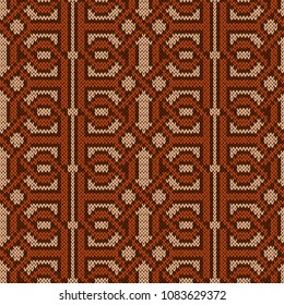 Symmetrically interwoven brown threads on the beige background, seamless vector knitted pattern as a fabric texture
