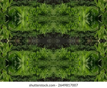A symmetrically mirrored abstract pattern showcasing vibrant green leaves and lush foliage. The detailed textures and varying tones of green create a lively and organic feel, reminiscent of a thriving