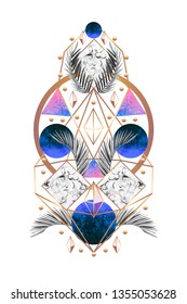 Symmetry abstract design banner or print with palm leaves and triangles.