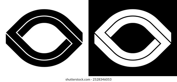 Líneas de arte de simetría en forma de ojo como símbolo, logotipo o icono. Forma negra sobre un fondo blanco y la misma forma blanca en el lado negro.